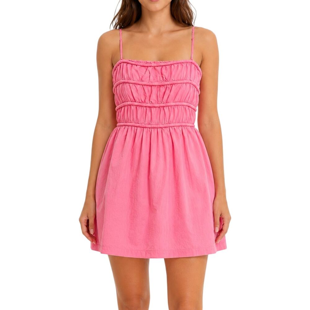 Stella Laguna Beach Pink Ruched Bodice Mini Dress Coquette M Babydoll Cotton